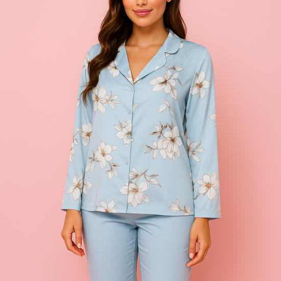 top & pants floral pajama set Baby blue color Code: 0040