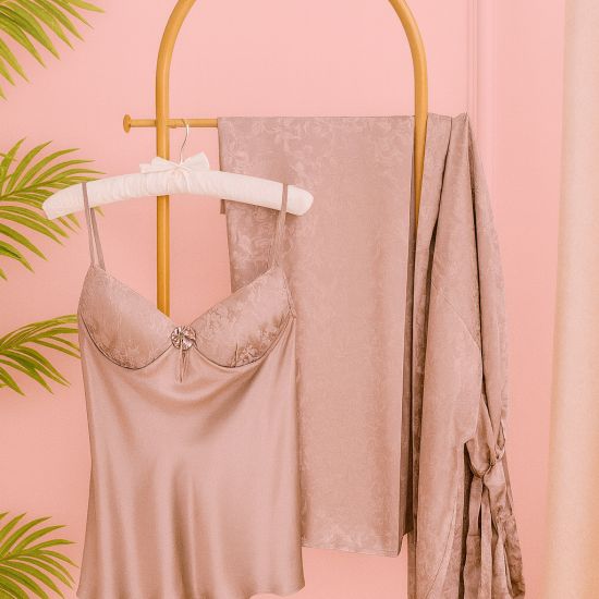 3 pieces: shirt, pants, and a robe dressing gown???? Dusty mauve color Code: 0018