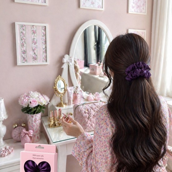 100% Pure Silk Hair Scrunchie – Deep Purple 